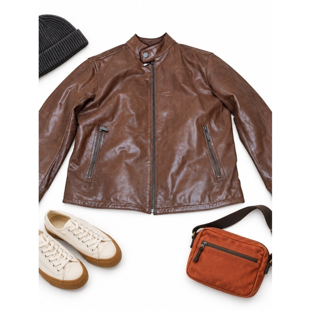 Murano Sport Leather Jacket Mens Large Brown Cafe Racer Zip Front Moto Coat Sz L